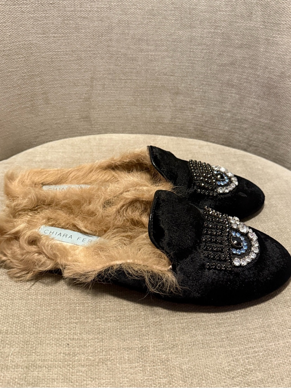 Chiara Ferragni Black Velvet Rhinestone Eye Fur-Lined Mule - Picture 2 of 6